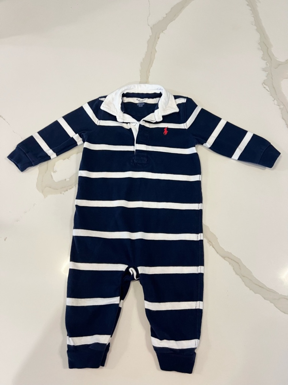 Baby Ralph Lauren 9M Navy & White Striped Polo Romper I Long Sleeve